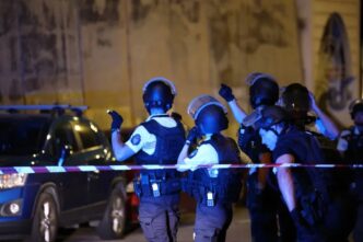 Monaco police officers patrol near the site of an explosion in a residential building in Monaco, near the French border, on June 29, 2026