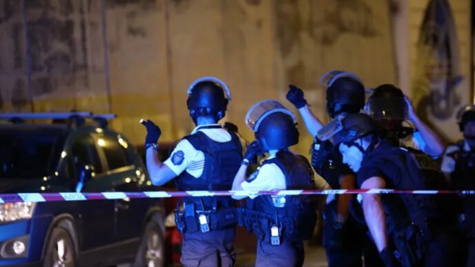 Monaco police officers patrol near the site of an explosion in a residential building in Monaco, near the French border, on June 29, 2026