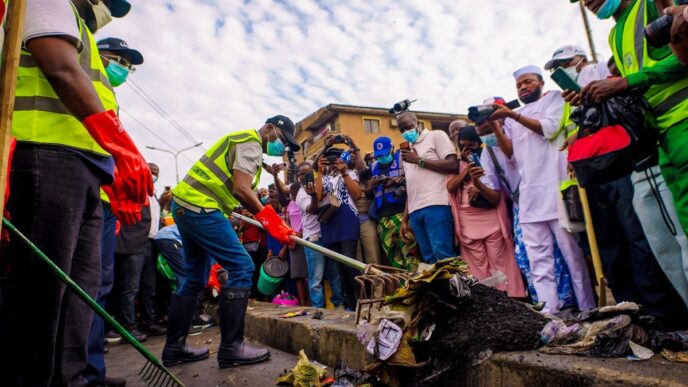 Sanwo-Olu clearing refuse during the monthly environmental sanitation exercise on Saturday.
