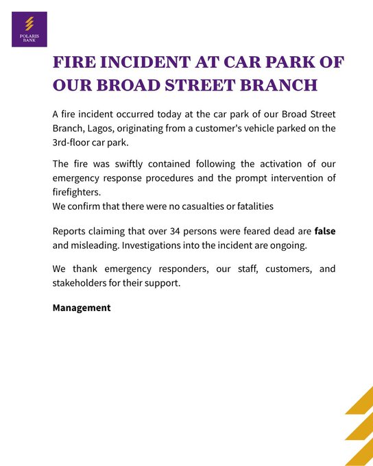 Polaris Bank Debunks Reports of 34 Deaths in Fire Outbreak