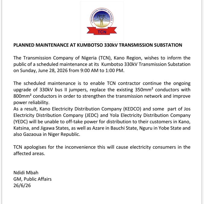 TCN Announces Power Outage in Five States 