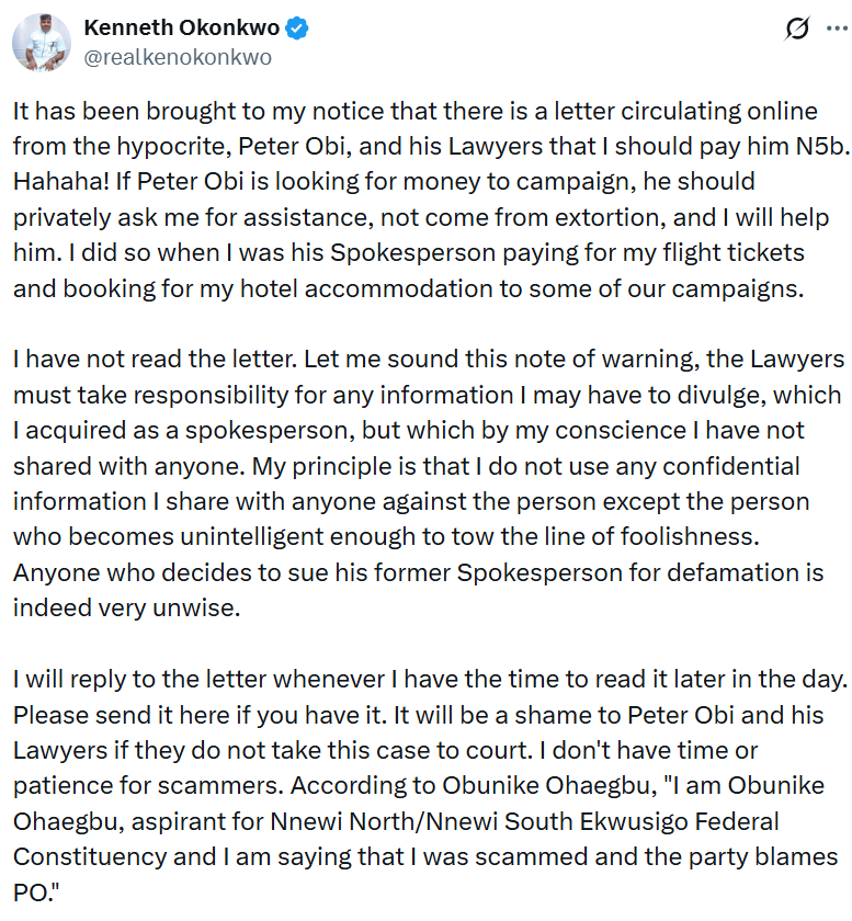 Obi Demands N5 Billion From Okonkwo Over Defamation