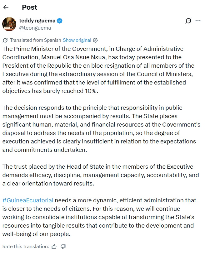 Equatorial Guinea Government Resigns over Failure to Meet Target