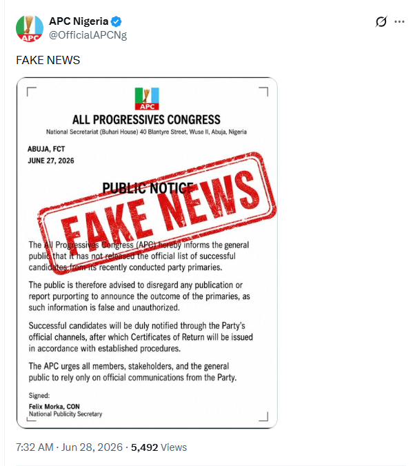 APC Labels Purported Primary Statement Fake