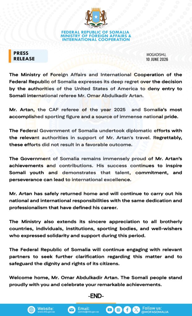 Somalia Pledges Support for Referee Denied US Visa 