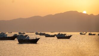 Vessels in the Strait of Hormuz, Musandam, Oman, May 18, 2026.