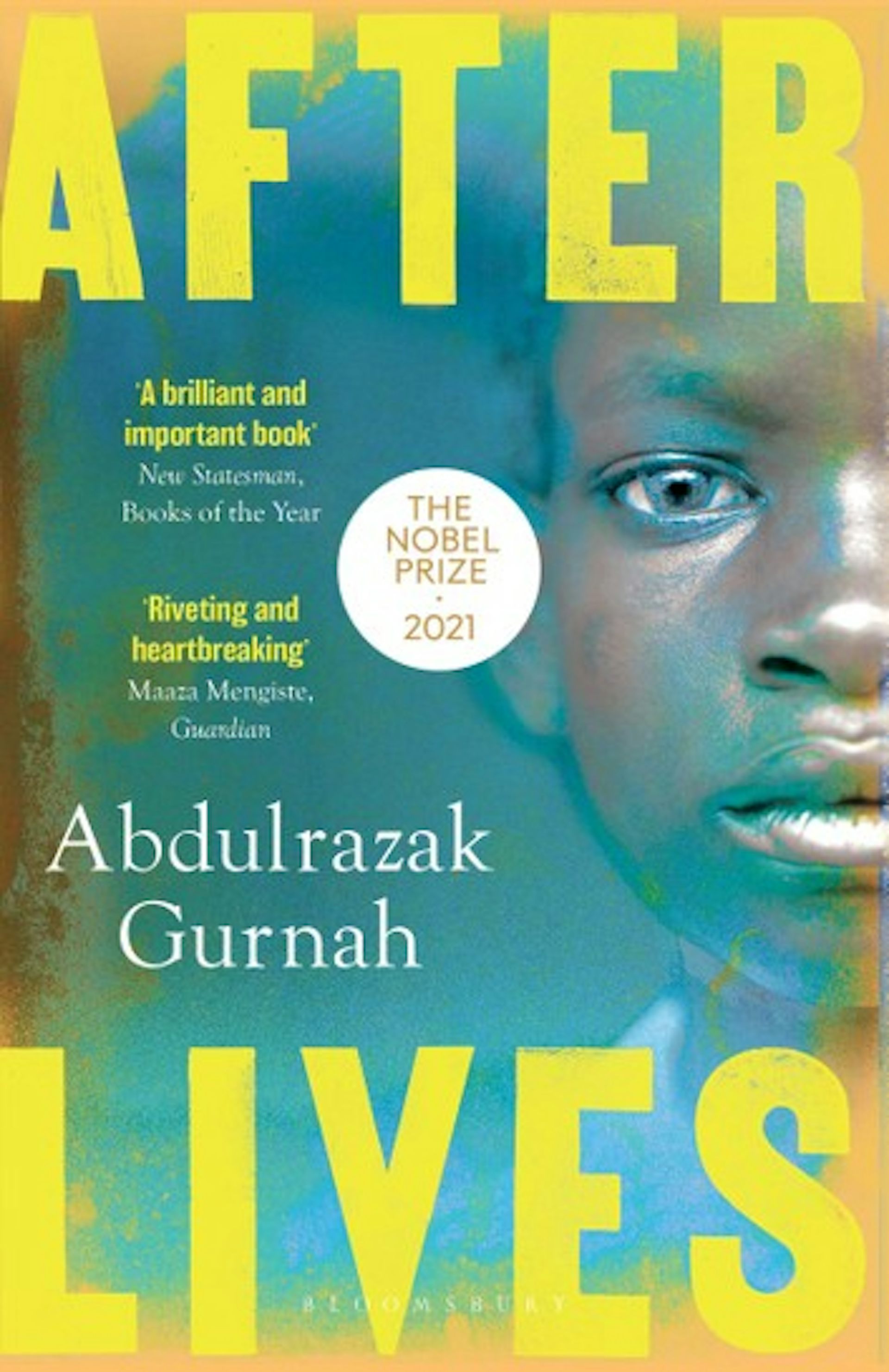 A yellow and blue book cover with the words 'After Lives Abdulrazak Gurnah' and an illustration of a young black boy staring ahead, deadpan