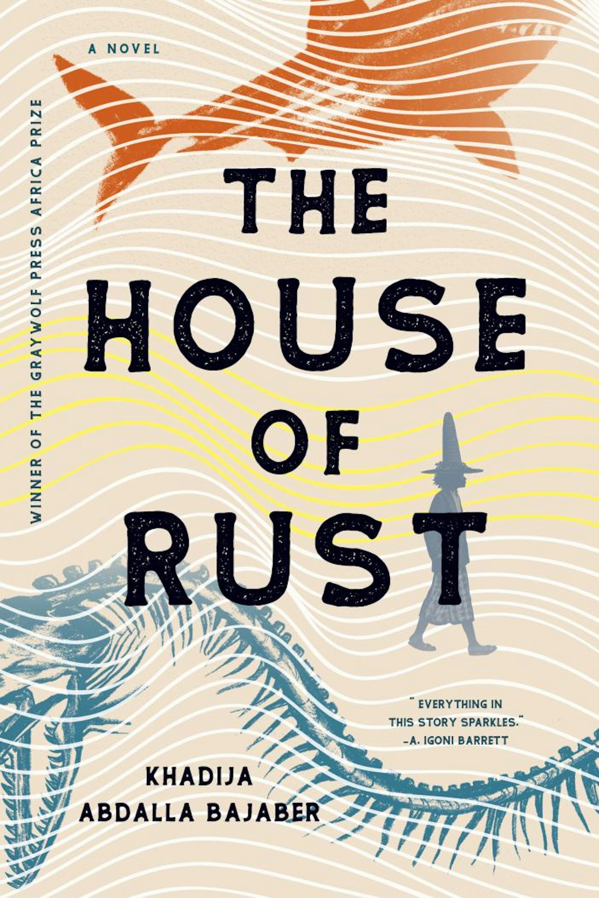 Book cover with the words 'The House of Rust and wave-like illustrations across illustrations of a shark, a man inn a pointy hat and a centipede.