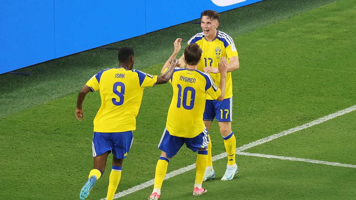 Viktor Gyokeres #17 of Sweden celebrates with teammates Alexander Isak #9 and Benjamin Nygren #10 after scoring his team’s third goal during the FIFA World Cup 2026 Group F match between Sweden and Tunisia at Monterrey Stadium on June 14, 2026 in Monterrey, Mexico. 
