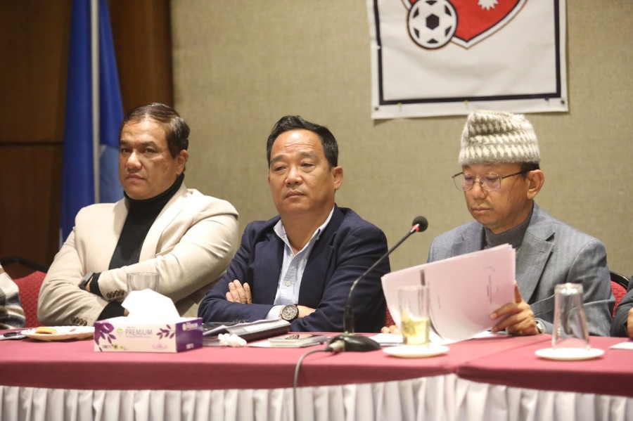 ANFA CEO Indraman Tuladhar, General Secretary Kiran Rai and President Pankaj Bikram Nembang during the executive committee meeting in December last year. 