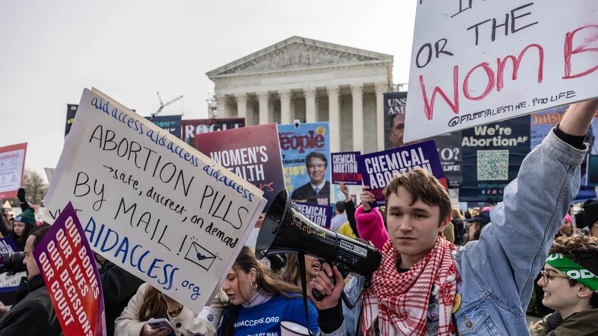 Demonstrators gather in front of the Supreme Court as it hears oral arguments in the case of the U.S. Food and Drug Administration v. Alliance for Hippocratic Medicine on March 26 in Washington, DC.