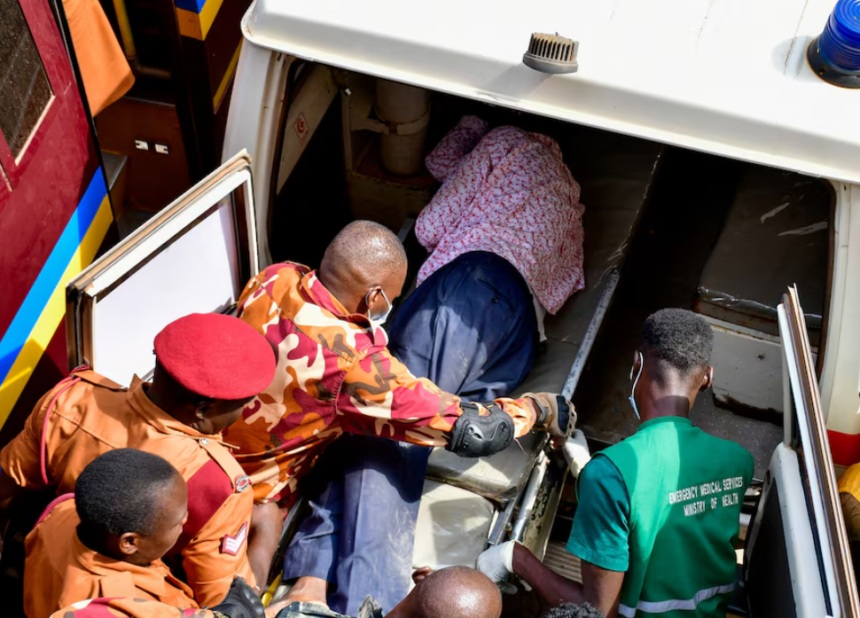 Detained Ugandan opposition figure Kizza Besigye is put in an ambulance after he collapsed while attending a court session where he is on trial for treason, at the High court in Kampala, Uganda, July 29, 2026. REUTERS/Abubaker Lubowa