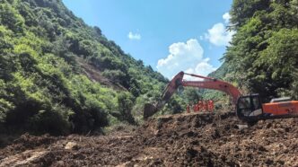 Rescuers work at the site of a landslide that took place at a village in Nanhe township of Tanchang county, Longnan city, Northwest China's Gansu province, July 7, 2026.