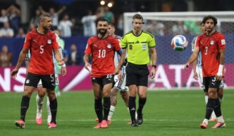 Egypt's defender #05 Ramy Rabia, forward #10 Mohamed Salah and defender #03 Mohamed Hany react during the 2026 World Cup round of 16 football match between Argentina and Egypt at Atlanta Stadium in Atlanta on July 7, 2026. (Photo by Odd ANDERSEN / AFP)