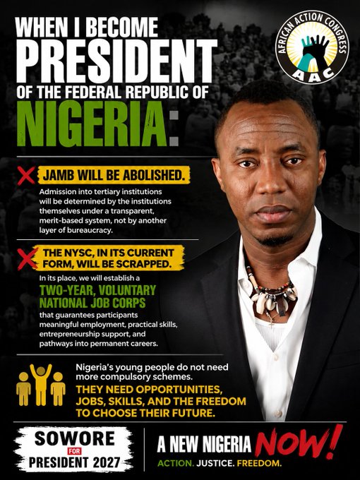 Sowore Pledges To Scrap JAMB, NYSC As President
