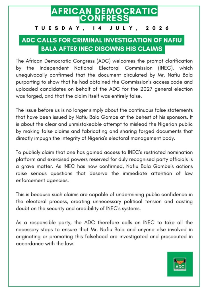 ADC Seeks Gombe's Prosecution Over Nomination Claims