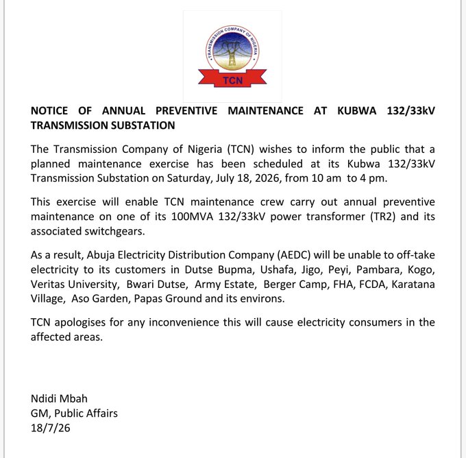 Abuja Communities Face Planned Power Interruption