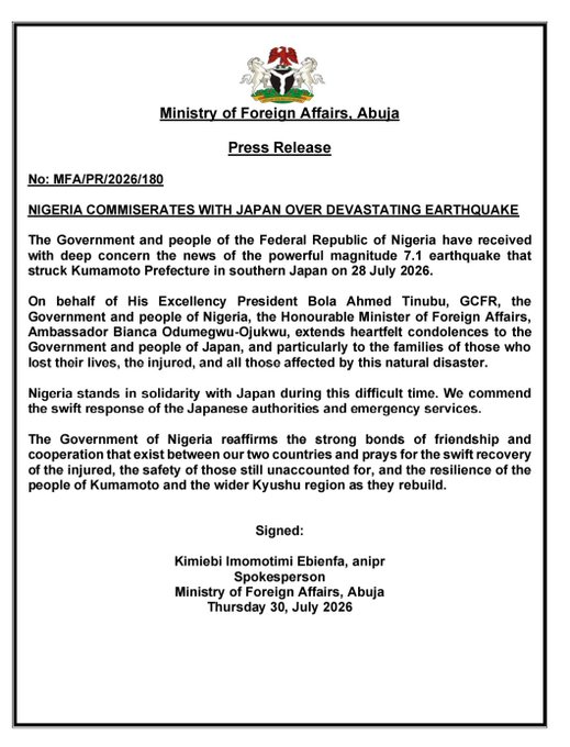 Nigeria Offers Condolences Following Japan Earthquake
