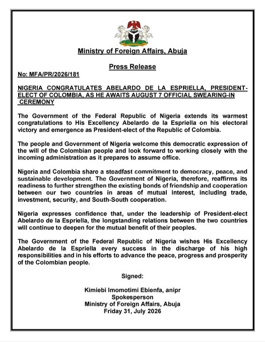 Nigeria Congratulates Colombia’s President-Elect