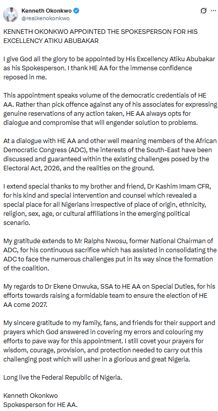 Atiku Appoints Kenneth Okonkwo As Spokesperson