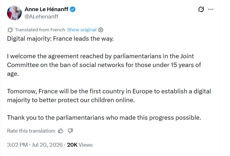 France to Approve Social Media Ban for Under-15s
