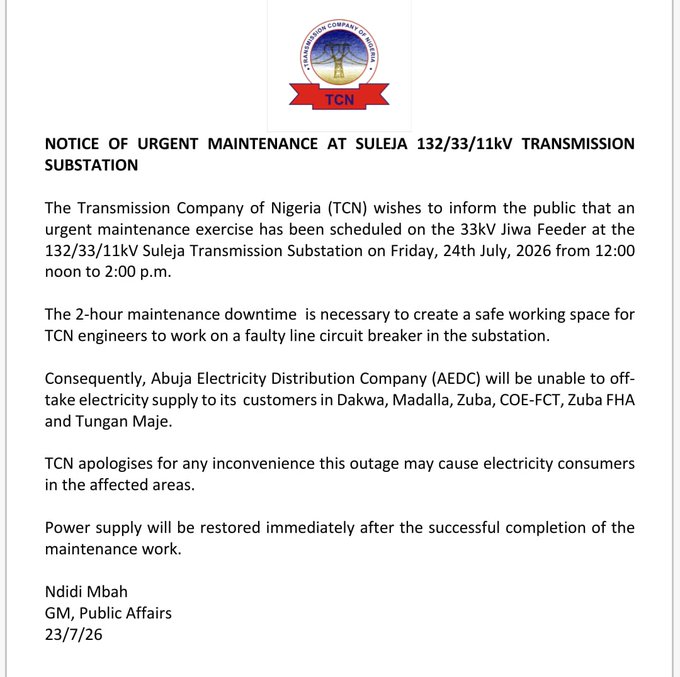 TCN Announces Planned Abuja Power Outage (News Central TV)