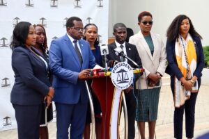 Law Society of Kenya President Charles Kanjama flanked by other advocates during a media briefing on July 8, 2026.