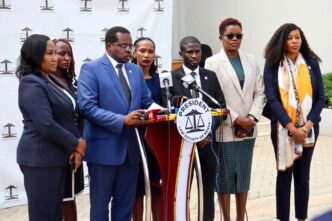 Law Society of Kenya President Charles Kanjama flanked by other advocates during a media briefing on July 8, 2026.