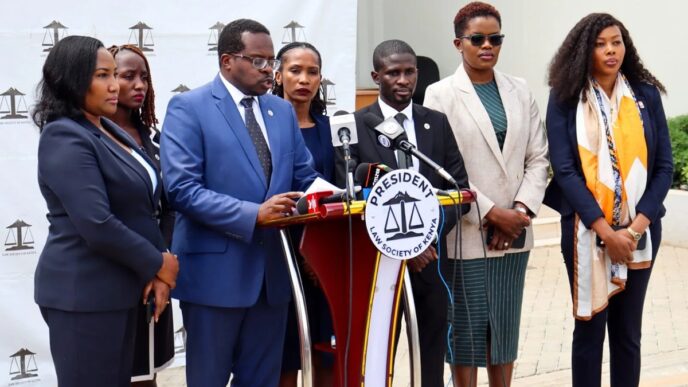 Law Society of Kenya President Charles Kanjama flanked by other advocates during a media briefing on July 8, 2026.