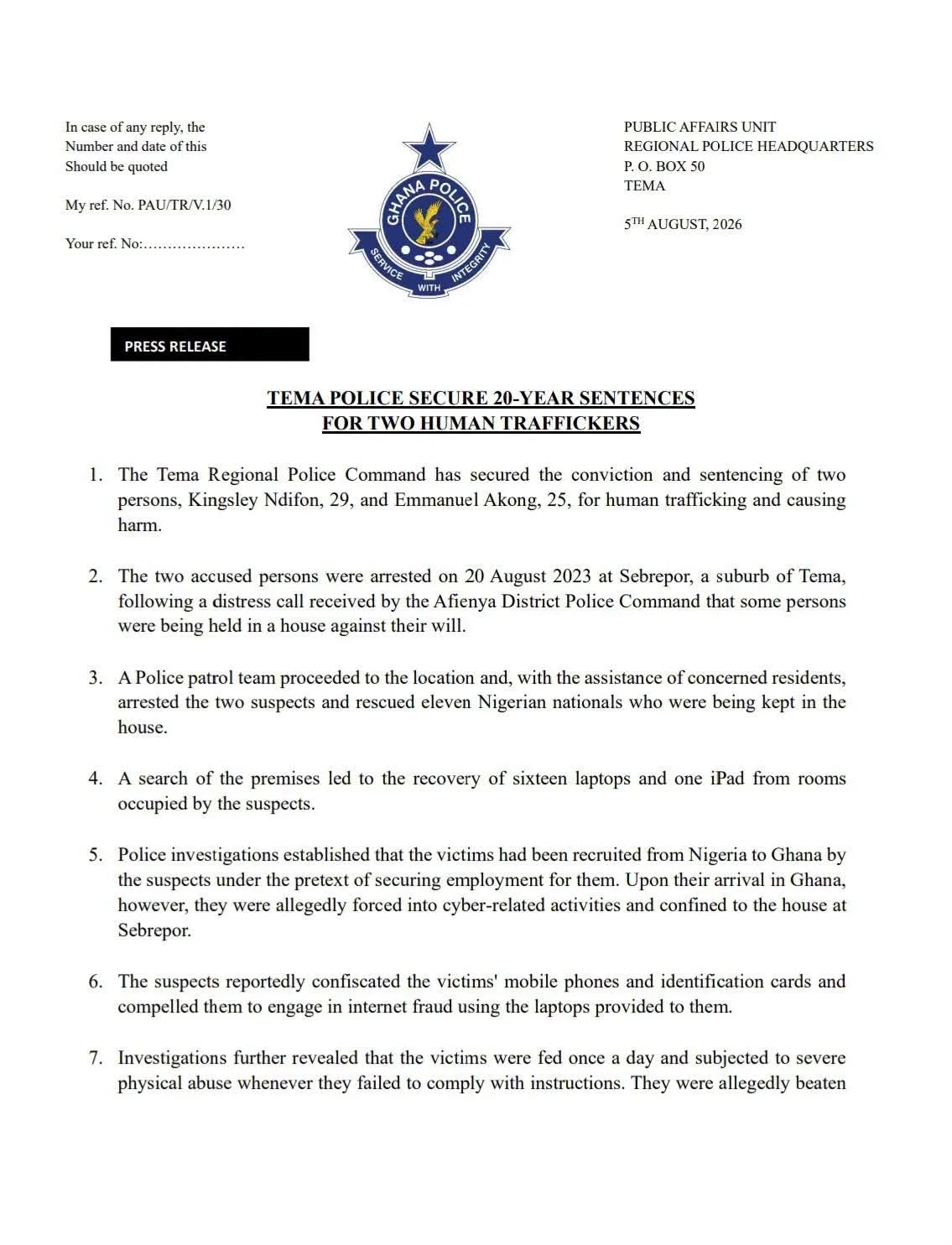 Ghana Jails Two Nigerians for Trafficking, Cybercrime