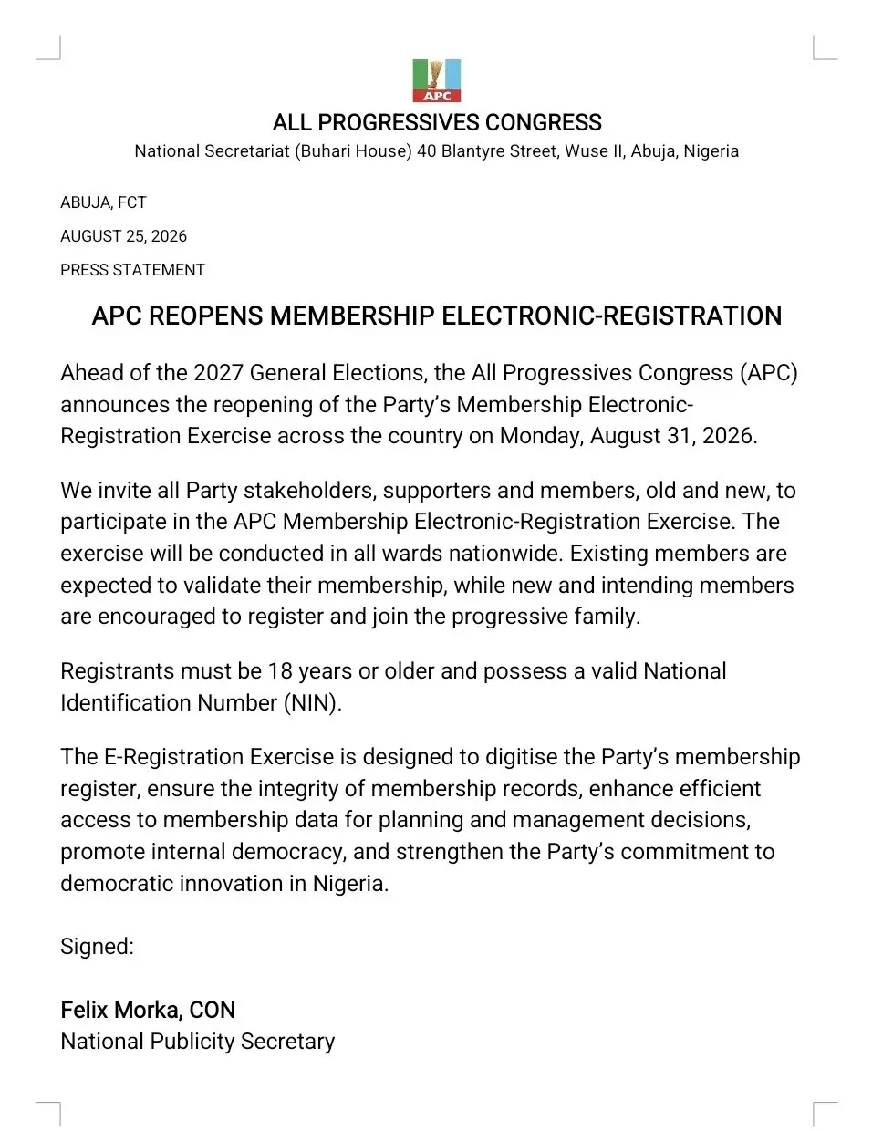 APC Reopens Electronic Membership Registration Exercise (News Central TV)
