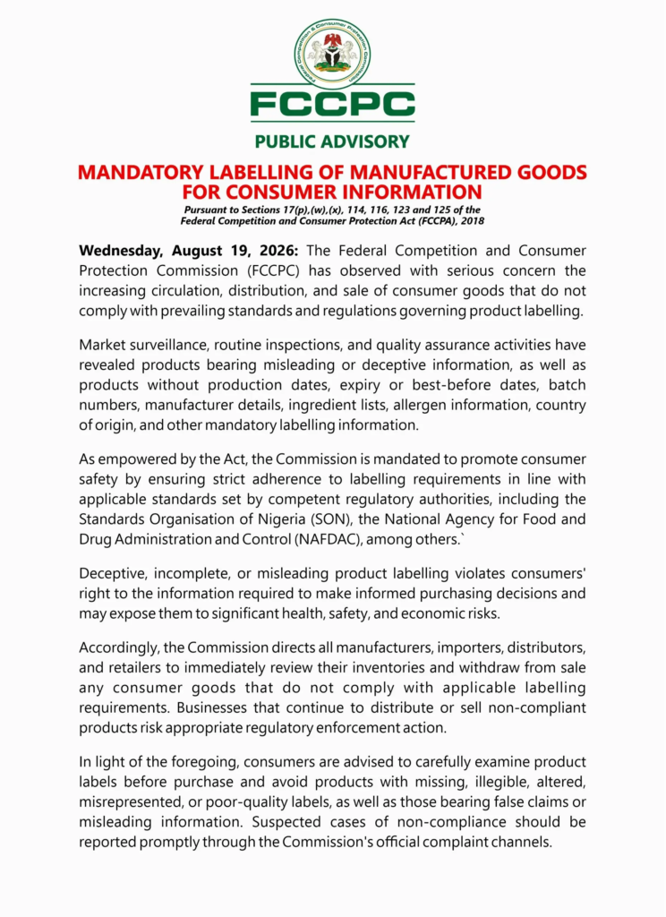 FCCPC Orders Withdrawal of Poorly Labelled Goods (News Central TV)