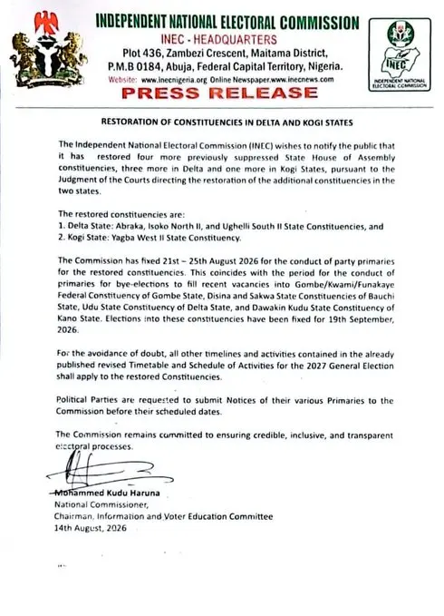 INEC Restores Four Delta, Kogi Constituencies (News Central TV)