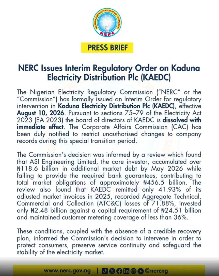 NERC Dissolves Kaduna DisCo Board Over Debt