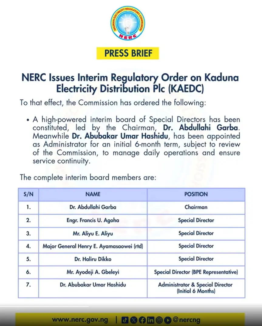 NERC Dissolves Kaduna DisCo Board Over Debt