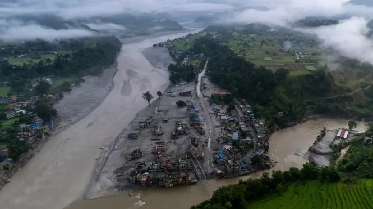 An aerial view of Devighat, one of the flood affected villages in Nuwakot district, Nepal.