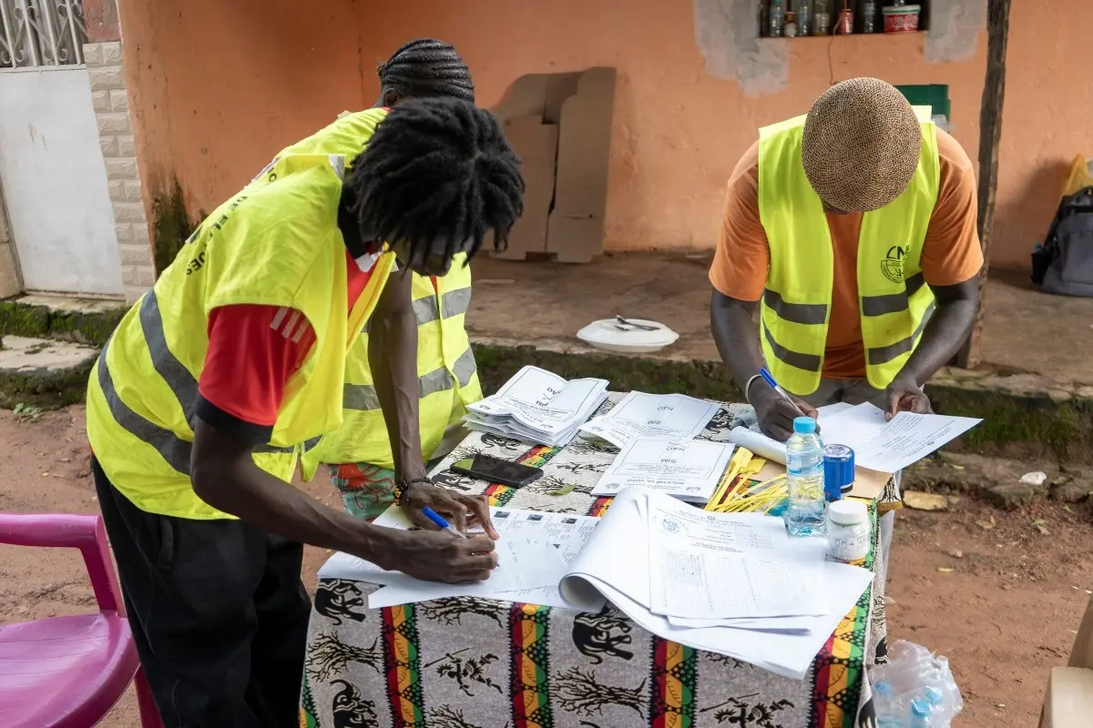 Officials from the National Electoral Commission (CNE) count ballots at a polling station in Bissau, on August 30, 2026 after Guinea-Bissau voted in the constitutional referendum.