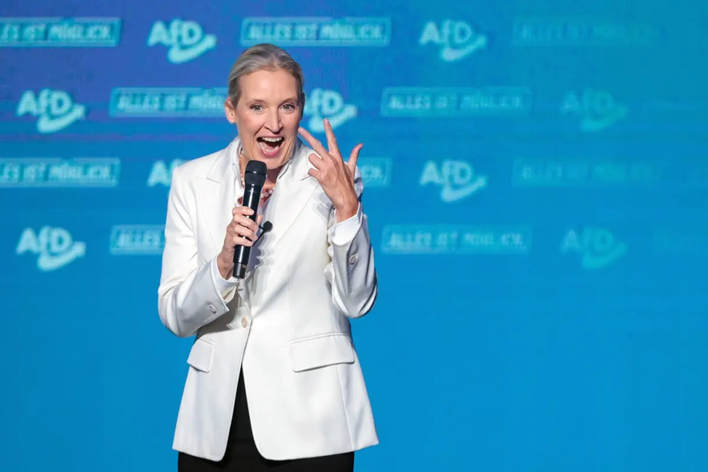 Alternative for Germany (AfD) co-leader Alice Weidel addressses a campaign event in Magdeburg, eastern Germany, on September 5, 2026, one day before regional elections in the eastern federal state of Saxony-Anhalt.