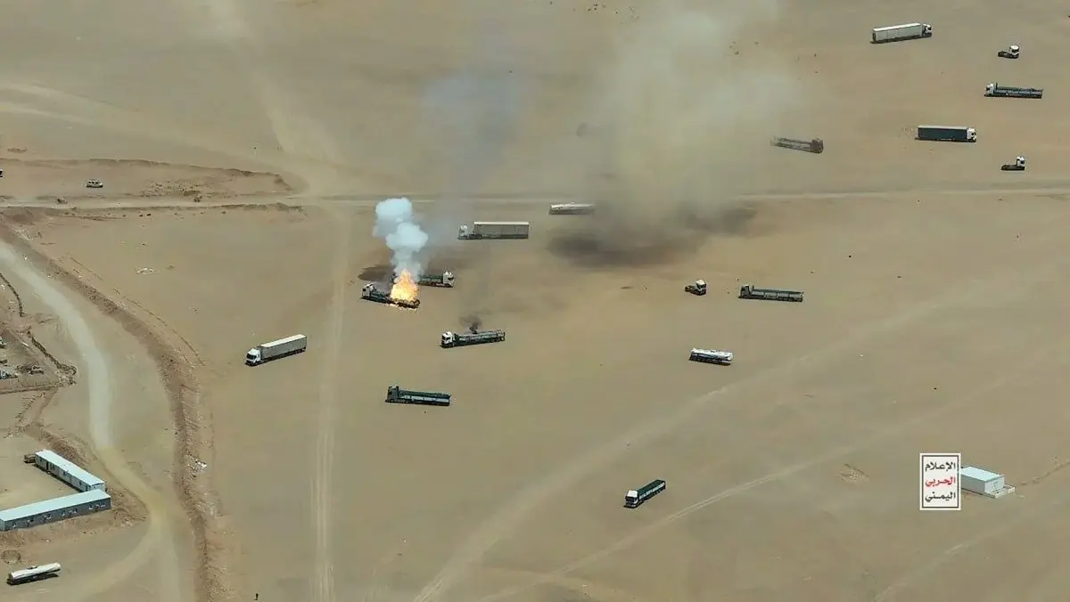 This handout image release by the Iran-backed Houthi forces on September 7, 2026, purportedly show a ballistic missile strike on trucks carrying military equipment from Saudi Arabia to the Al-Wadiah military camp in Yemen’s Hadhramaut province.