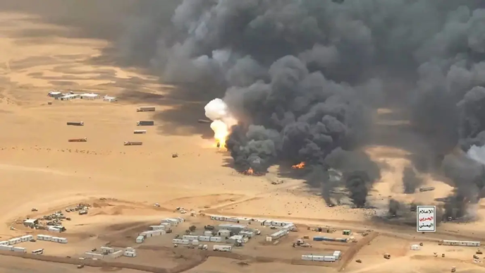 This handout image release by the Iran-backed Houthi forces on September 7, 2026, purportedly show a ballistic missile strike on trucks carrying military equipment from Saudi Arabia to the Al-Wadiah military camp in Yemen’s Hadhramaut province