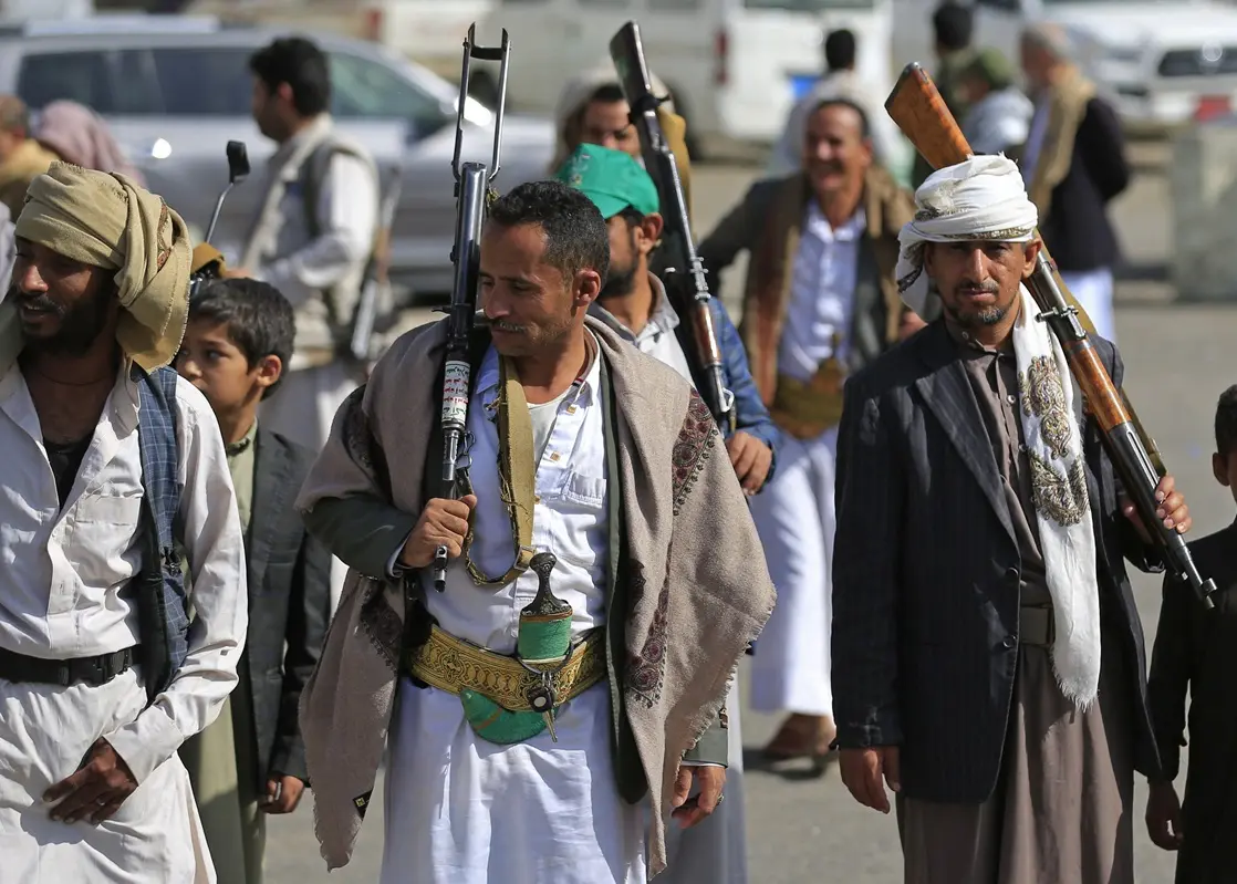 Fighters loyal to the Houthi authorities, march during a rally to recruit more fighters, in Sanaa on September 10, 2026.