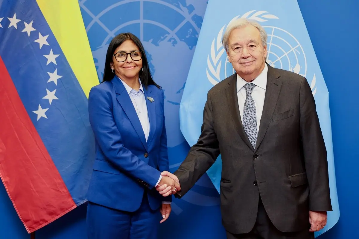 This handout picture released by the Venezuelan Presidency on September 21, 2026, shows Venezuela's interim President Delcy Rodriguez shaking hands with Secretary-General of the United Nations Antonio Guterres ahead of the 81st session of the United Nations General Assembly in New York.