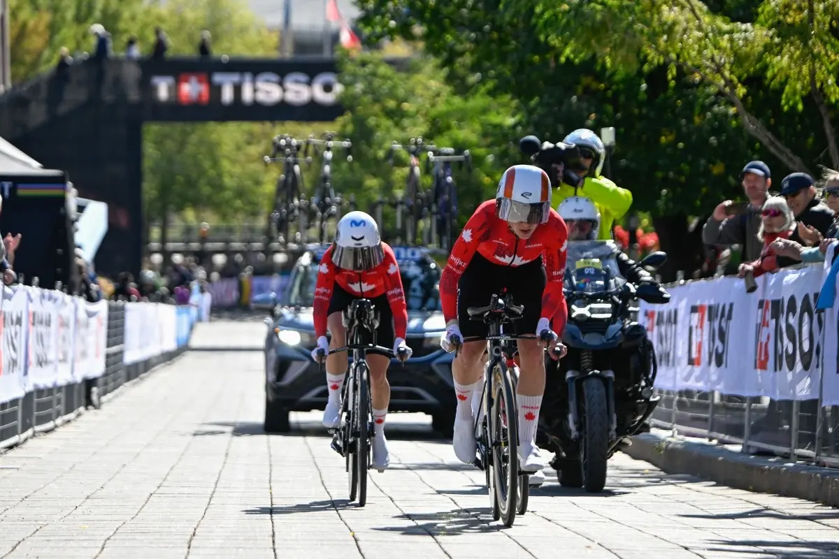 Canada's women's team competes in the mixed relay team time trial during the 2026 Union Cycliste Internationale (UCI) Road World Championships in Montreal, Quebec, on September 22, 2026. (Photo by Andrej Ivanov / AFP)