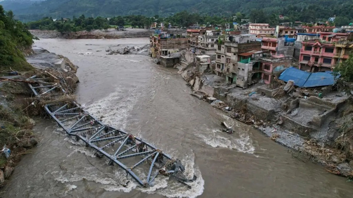 A drone view of a bridge damaged by flash flooding along the Tadi River in the Devighat area of Nuwakot district, Nepal, on August 29, 2026.