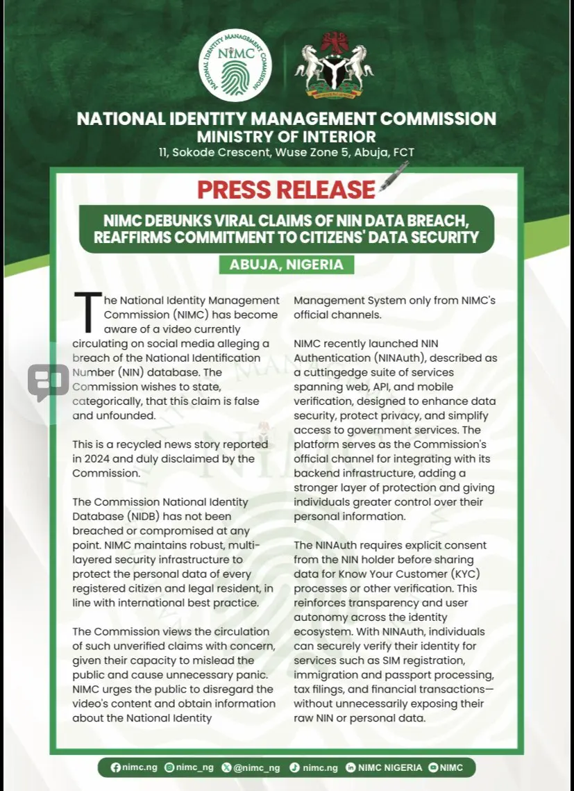 NIMC Debunks Viral Claims of NIN Database Breach