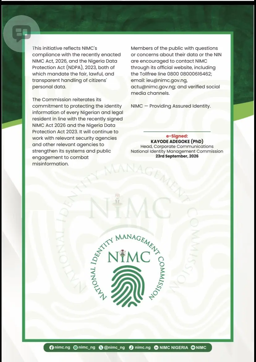 NIMC Debunks Viral Claims of NIN Database Breach. Credit:NIMC /X .
