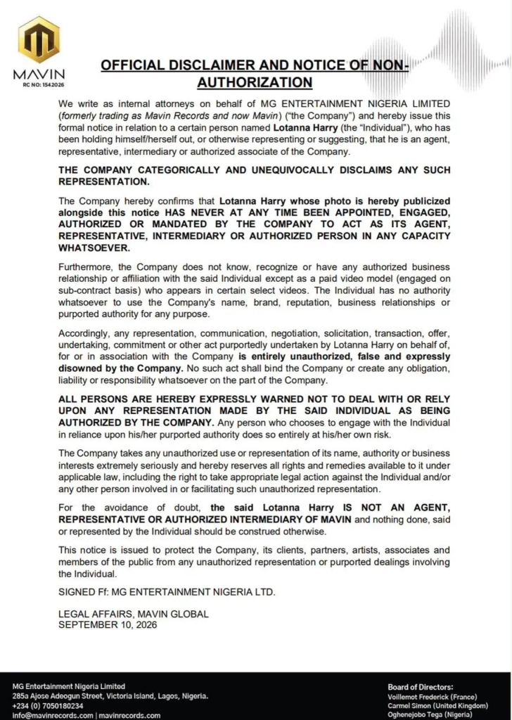 Mavin Disowns Lotanna Harry As Unauthorised Representative (News Central TV)