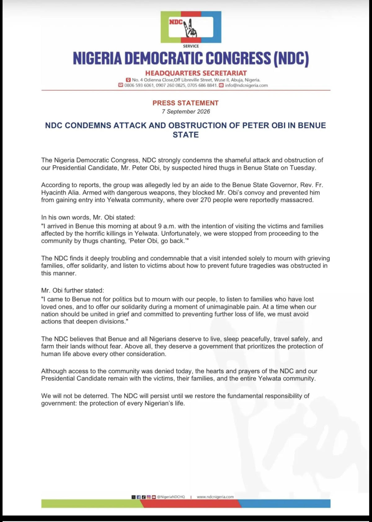 NDC Condemns Obstruction Of Obi's Convoy In Benue (News Central TV)