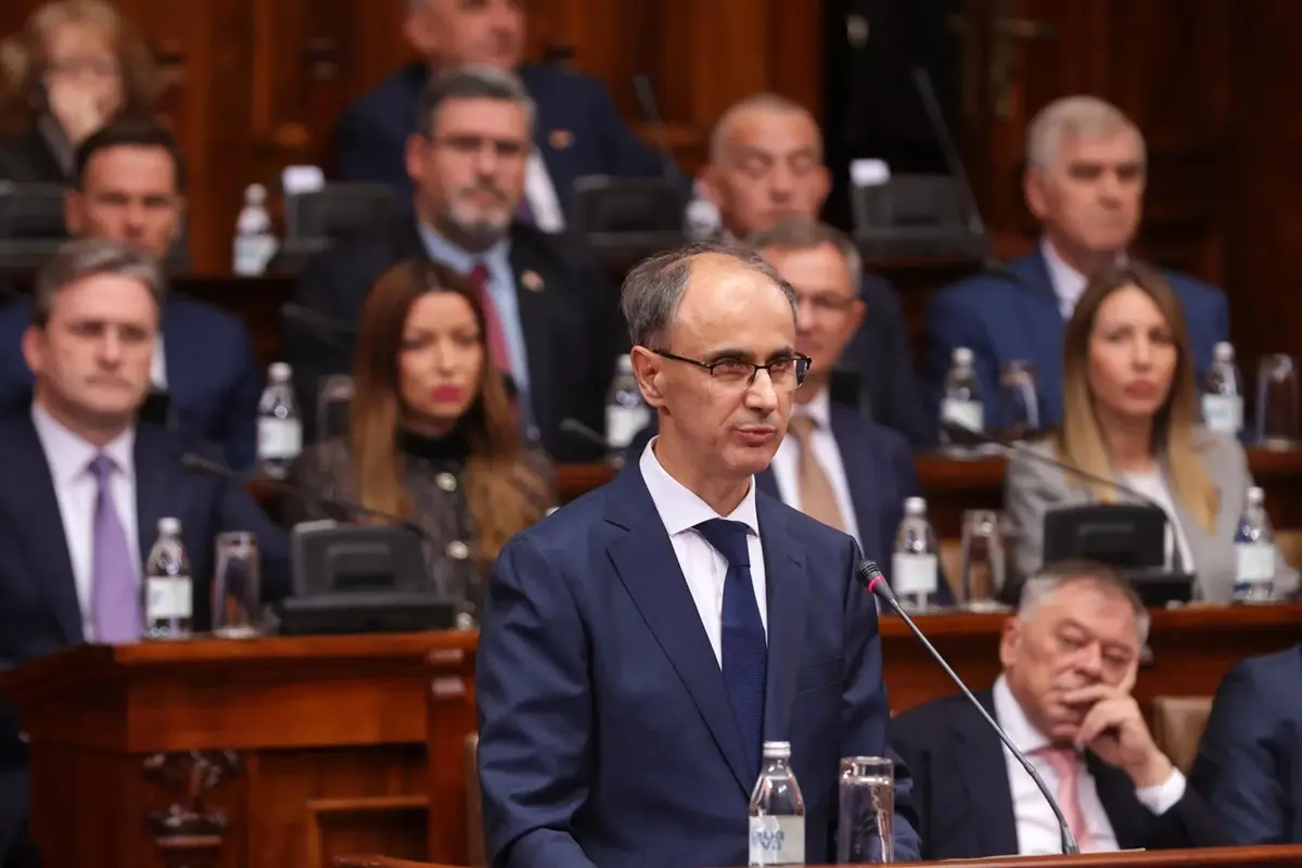 Designated Serbian Prime Minister Djuro Macut delivers his plan for a new government to members of parliament in Belgrade, Serbia.