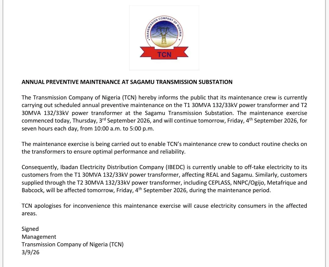 Sagamu Faces Two-Day Power Disruption (News Central TV)
